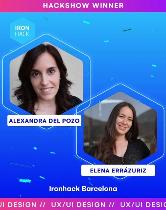 Todo nuestro agradecimiento y enhorabuena a este par de cracks Alexandra y Elena que han llevado a Pets & Vets a ser el proyecto finalista y finalmente ganador del hackshow de su bootcamp en UX/UI 🥳