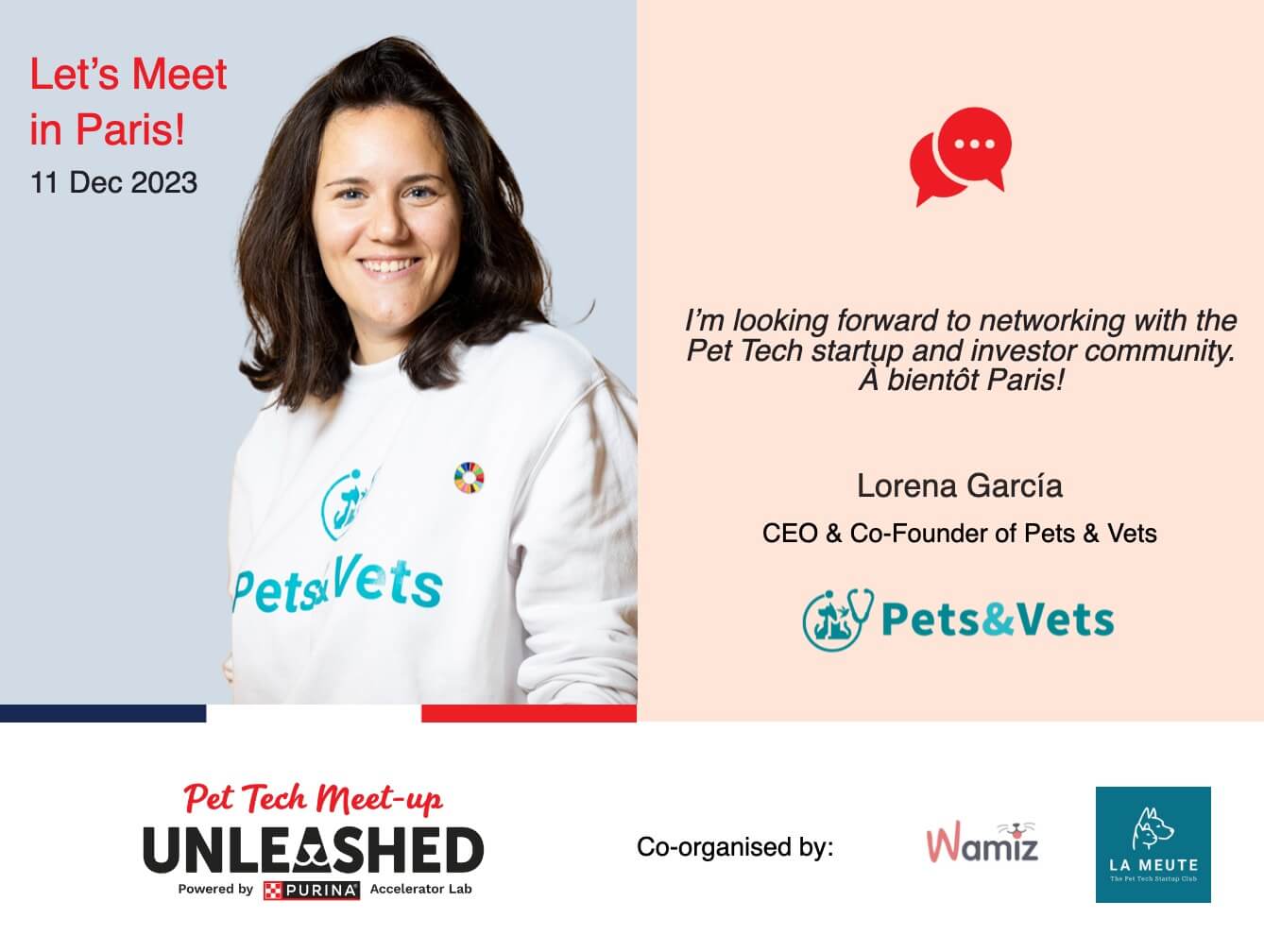 Pets & Vets participará en el próximo "Pet Tech MeetUp" organizado por UNLEASHED de Purina. Un evento para conectar con otras startups que innovan en tecnología con el fin de mejorar la calidad de vida de nuestros animales, sus tutores, profesionales y la industria en general.